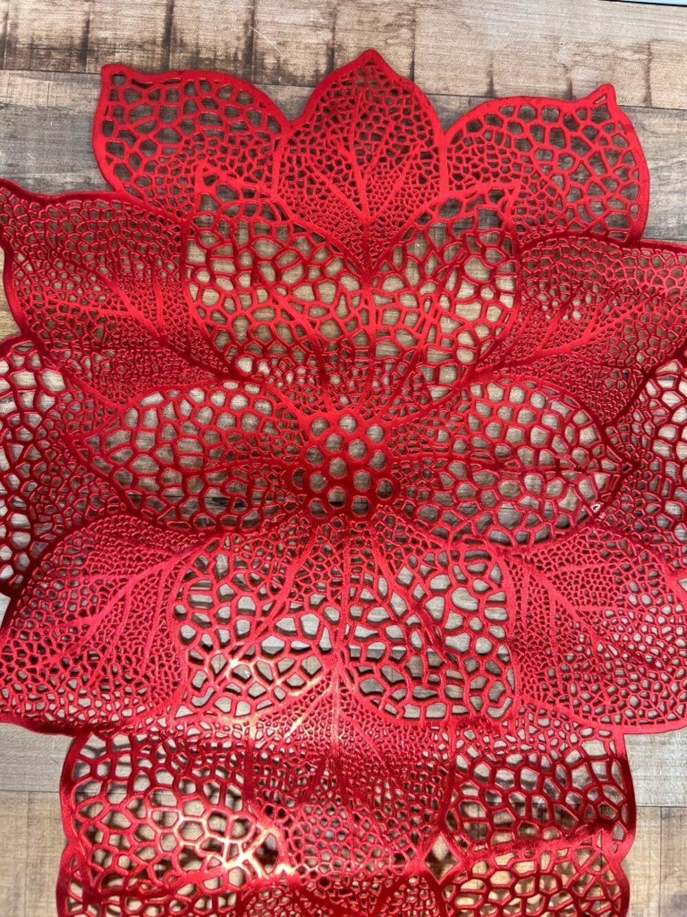 Lazer Die Cut Vinyl Lace Christmas Red Poinsettia Table Runner 6 Feet x 14.5''